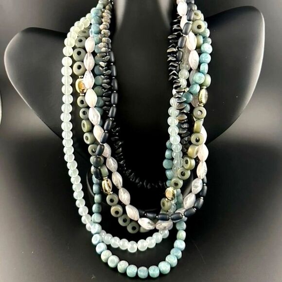 Chico's Multi 6 Strand Long Blue Bead Silver tone Necklace - Picture 1 of 5